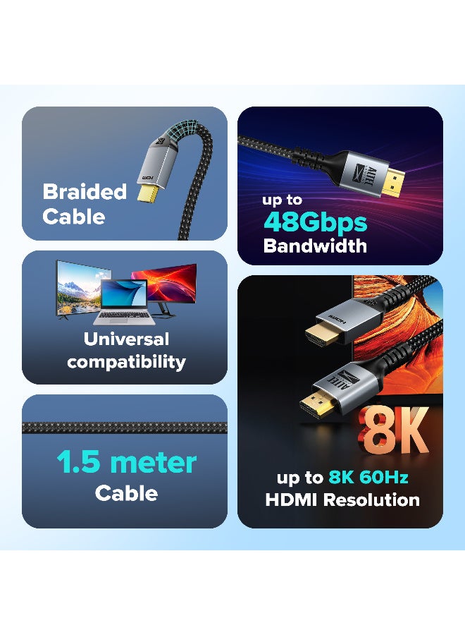 Altec Lansing HDMI 2.1 Cable - 1.5M, 48Gbps High-Speed, 8K@60Hz, Aluminum Alloy Shell, Durable Nylon Braided compatible with  UHD TV, PlayStation, Xbox Series X, Nintendo- Black - Image 2